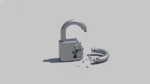 자물쇠가 부서진 모습으로 개인정보가 외부로 유출되는 위험 상황을 상징적으로 표현한 이미지