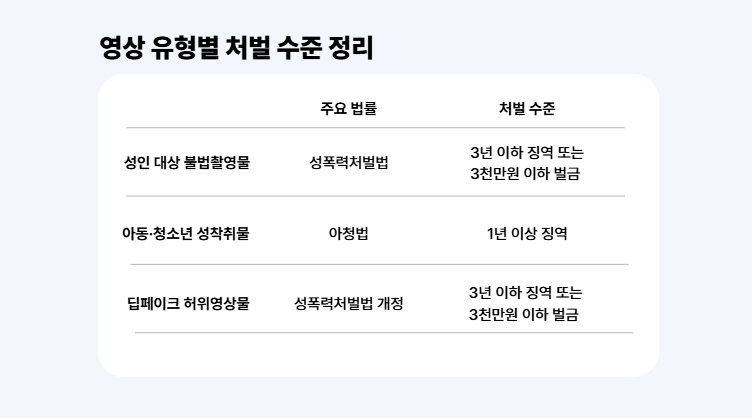 av쏘걸 처벌 수위 비교 아청물 딥페이크 불법촬영물 표