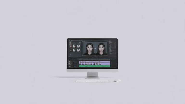 여성 얼굴 합성 화면과 영상 편집 타임라인이 보이는 딥페이크 제작 이미지