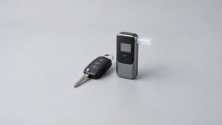 가족이 음주 뺑소니로 신고된 상황의 변호사 선임비용을 상징하는 자동차 키와 음주측정기