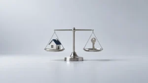 생전증여 상속 정산을 상징하는 집 모형과 열쇠 저울 이미지